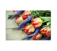 Stampa artistica da parete su tela con tulipani rossi, muscari, primavera, bouquet, primo piano, tulipani, guarigione dell'umore, per camera da letto e ufficio, 40 x 60 cm