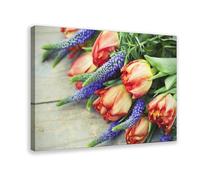 Stampa artistica da parete su tela con tulipani rossi, muscari, primavera, bouquet, primo piano, tulipani, guarigione dell'umore, per camera da letto e ufficio, 40 x 60 cm