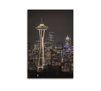 Stampa artistica da parete su tela con vista notturna dello skyline di Seattle con ago spaziale, splendido poster moderno, per soggiorno, camera da letto, 50 x 75 cm