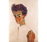 Stampa artistica da parete su tela di qualità, Egon Schiele, autoritratto con camicia a righe, 76 x 101 cm, pronta da incorniciare, ideale per la casa o l'ufficio, ottima idea