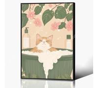 Stampa artistica da parete su tela giapponese, poster estetico per il bagno con gatto soriano nella vasca da bagno, fiori rosa neutri e foglie verdi, dipinto con animali carini per il bagno, 30 x 40