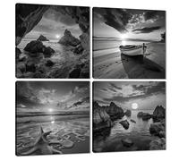 Stampa artistica da parete su tela in bianco e nero - Bella tramonto e alba spiaggia paesaggio marino pittura decorazione pittura 4 pezzi mare paesaggio oceano 30,5 x 30,5 cm stampa incorniciata