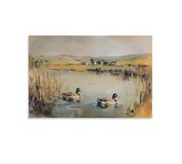 Stampa artistica da parete su tela, motivo: anatre reali che nuotano in un lago, vintage, rustico, fattoria, animali della campagna, per soggiorno, camera da letto, bagno, ufficio, decorazione per la