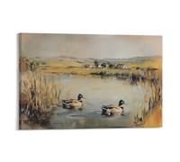 Stampa artistica da parete su tela, motivo: anatre reali che nuotano in un lago, vintage, rustico, fattoria, animali della campagna, per soggiorno, camera da letto, bagno, ufficio, decorazione per la