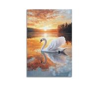 Stampa artistica da parete su tela, motivo: animali ad acquerello, motivo: cigno al tramonto sul lago, 40 x 60 cm