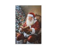 Stampa artistica da parete su tela, motivo: Babbo Natale che legge il libro delle vacanze, stile vintage, accogliente Cottagecore, per soggiorno, camera da letto, bagno, ufficio, decorazione per la