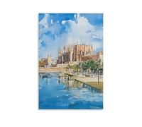 Stampa artistica da parete su tela, motivo: Cattedrale di Palma di Maiorca, palme costiere, riflessi sul mare, per soggiorno, camera da letto, bagno, ufficio, decorazione per la casa, 40 x 60 cm