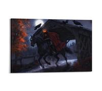 Stampa artistica da parete su tela, motivo: cavaliere senza testa, con zucca su ponte che attraversa un cavallo nero, con luna piena e spaventosa, decorazione autunnale per ingresso e Halloween, 40 x