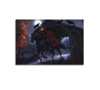 Stampa artistica da parete su tela, motivo: cavaliere senza testa, con zucca su ponte che attraversa un cavallo nero, con luna piena e spaventosa, decorazione autunnale per ingresso e Halloween, 30 x