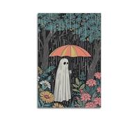 Stampa artistica da parete su tela, motivo: fantasma sotto un ombrello, fantasma spettrale sotto la pioggia, incantato Whimsigoth, fiori di bosco piovosi, poster mistico decorativo da parete su tela e