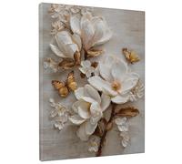 Stampa artistica da parete su tela, motivo floreale con farfalle primaverili, magnolie in oro bianco, decorazione estetica astratta per soggiorno, camera da letto, bagno, dormitorio, tela avvolta 40,6
