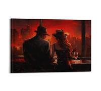 Stampa artistica da parete su tela, motivo funky bar, sigari, bar, ristorante, stile retrò, stampa su tela, stampa alla moda, eccentrica, poster vintage con vino rosso, opera d'arte con vino rosso, 50