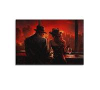 Stampa artistica da parete su tela, motivo funky bar, sigari, bar, ristorante, stile retrò, stampa su tela, stampa alla moda, eccentrica, poster vintage con vino rosso, opera d'arte con vino rosso, 50