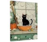 Stampa artistica da parete su tela, motivo: gatto autunnale a forma di bolle di felino nero, decorazione da bagno fantasiosa per soggiorno, camera da letto, cucina, tela avvolta 30,5 x 40,6 cm