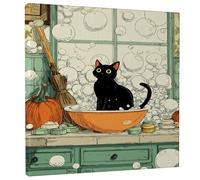 Stampa artistica da parete su tela, motivo: gatto autunnale a forma di bolle di felino nero, decorazione da bagno fantasiosa per soggiorno, camera da letto, cucina, tela avvolta 30,5 x 30,5 cm