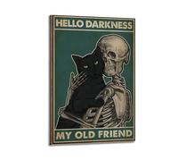 Stampa artistica da parete su tela, motivo: Hello Darkess, My Old Friend, gatto nero e scheletro, stile vintage, per soggiorno, 30 x 45 cm, con cornice