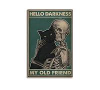 Stampa artistica da parete su tela, motivo: Hello Darkess, My Old Friend, gatto nero e scheletro, stile vintage, per soggiorno, 30 x 45 cm, senza cornice