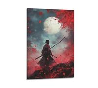 Stampa artistica da parete su tela, motivo "Japandi Samurai, luna, poster con foglie rosse che cadono, 60 x 90 cm