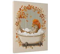 Stampa artistica da parete su tela, motivo: leopardo autunnale nella vasca da bagno, arancione e marrone, accogliente illustrazione di animali, divertente decorazione da bagno per soggiorno, camera da