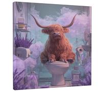 Stampa artistica da parete su tela, motivo mucca delle Highland, decorazione per il bagno, stampa divertente con animali per soggiorno, camera da letto, WC, tela avvolta 30,5 x 30,5 cm