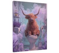 Stampa artistica da parete su tela, motivo mucca delle Highland, decorazione per il bagno, stampa divertente con animali per soggiorno, camera da letto, WC, tela avvolta 30,5 x 40,6 cm