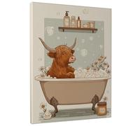 Stampa artistica da parete su tela, motivo: mucca delle Highland, stampa con bolle di mucca, fantasiosa decorazione per il bagno, soggiorno, camera da letto, spa, relax, 20 x 25 cm