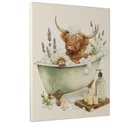 Stampa artistica da parete su tela, motivo mucca delle Highlands, decorazione floreale per il bagno, colore verde e marrone, stampa con animali per soggiorno, camera da letto, bagno, decorazione