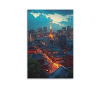 Stampa artistica da parete su tela, motivo: paesaggio urbano di Tokyo, con vista sul crepuscolo, 30 x 45 cm