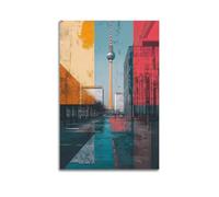 Stampa artistica da parete su tela, motivo: paesaggio urbano retrò della torre televisiva di Berlino, con effetto a blocchi di colori, 40 x 60 cm
