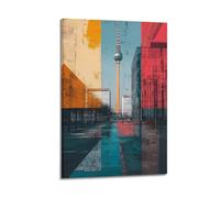 Stampa artistica da parete su tela, motivo: paesaggio urbano retrò della torre televisiva di Berlino, con effetto a blocchi di colore, 50 x 75 cm