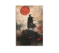 Stampa artistica da parete su tela, motivo: Samurai Japandi con luna rossa e foglie che cadono, 30 x 45 cm