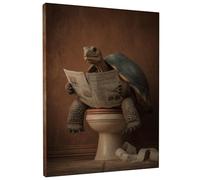Stampa artistica da parete su tela, motivo: tartaruga che legge giornale, stampa con animali marroni e verdi, decorazione umoristica per bagno, soggiorno, camera da letto, ufficio, tela avvolta 30,5 x