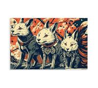 Stampa artistica da parete su tela, motivo: Three Fox Spirits Gathering, con Yokai giapponese, decorazione artistica da parete per soggiorno e camera da letto, 20 x 30 cm