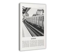 Stampa artistica da parete su tela, motivo: treno del Queens in bianco e nero, New York, USA, città degli Stati Uniti, decorazione artistica da parete, per casa, bar, ristorante, garage, caffetteria