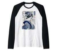 Stampa Artistica Giapponese Geisha Blue Ink Block Ukiyo-e Maglia con Maniche Raglan