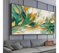 Stampa artistica su tela con foglie astratte dorate, pittura con piante verdi, decorazione da parete per soggiorno, grande stampa moderna da parete, 80 x 160 cm, con cornice nera, pronta da appendere