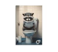 Stampa artistica su tela con immagine di procione sulla toilette che legge il giornale, divertente arte per il bagno, stampa artistica da parete e decorazione moderna per camera da letto, 50 x 75 cm