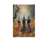 Stampa artistica su tela con tre streghe, tema: Halloween nella foresta, accademia oscura, autunno e autunno, decorazione artistica per soggiorno, camera da letto, bagno, ufficio, casa, 30 x 45 cm