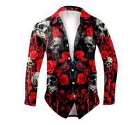 Stampa Camicia Uomo Maniche Corte Halloween Camicia con Stampa Teschio Croce e Rose Slim Fit Horror Maglietta con Risvolto Bottoni Camicia Gotico Divertente per Carnevale Cosplay Feste M Xl Halloween