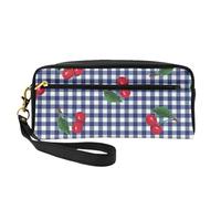 Stampa Ciliegie A Quadri Blu, Borsa per il trucco Borsa per cosmetici Borsa da viaggio portatile da toilette Astuccio in pelle per donne e ragazze