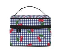 Stampa Ciliegie A Quadri Blu, Borsa per il trucco Borsa per cosmetici Borsa da viaggio portatile da viaggio Astuccio per matite
