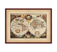 Stampa con Cornice - Mappa del Mondo Antica - 70x100cm - Design Colorato Rosso con Passepartout in Legno Naturale