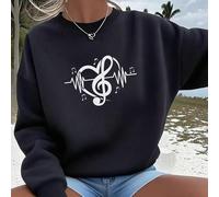 Stampa con motivo che combina cuori, elettrocardiogrammi e note musicali, felpa oversize da donna a tinta unita, top da donna in cotone, abbigliamento da donna in stile street college, adatto per abbi
