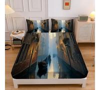 Stampa Del Canale Antico Di Venezia Lenzuola Matrimoniali Con Super King, Lenzuolo Con Angoli Paesaggio Realistico 180x200x30cm, per Letto Con Materasso Fino a 30cm, Marrone Chiaro