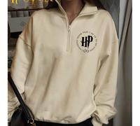 Stampa delle iniziali di Harry Potter, felpa casual creativa da donna in puro cotone con spalle cadenti, comoda e versatile, con colletto semiaperto, stile college da strada, aderente, morbida, a mani