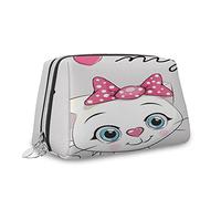 Stampa di gatti, organizer per trucchi in pelle, guance rosa con gatto dei cartoni animati I Love My Pet, borsetta, borsa da toeletta, sacchetto per trucco impermeabile, grigio rosa, S, Grigio Rosa_3,