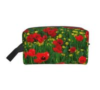 Stampa di paesaggio del prato della fattoria del campo del papavero rosso, Borsa per il trucco Borsa per cosmetici Borsa da viaggio portatile da viaggio Borsa per trucco Organizer