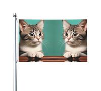 Stampa di un gatto curioso Bandiera su entrambi i lati 3 x 5FT leggera e resistente al colore con asole Ideale per feste all'aperto e giardini.