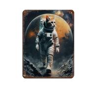 Stampa divertente con astronauta e gatto nello spazio, gatto con tuta spaziale, retrò, in metallo, stile chic, arte retrò, pittura in ferro, decorazione da parete, per bar, grotte, bar, famiglia