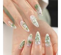 Stampa floreale 3D sulle unghie, finte con punta francese disegno di mughetto e fiori bianchi, eleganti adesive for la sposa(D)